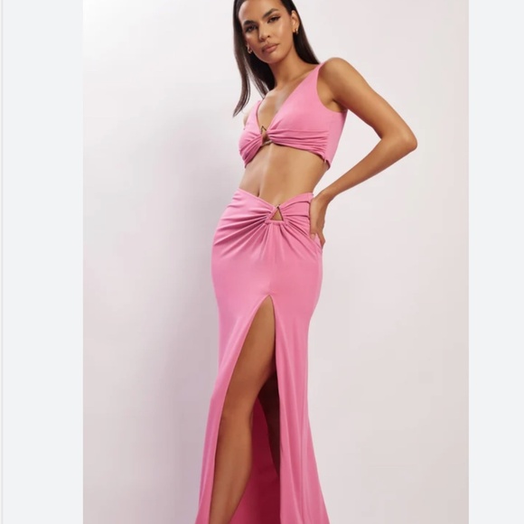 NWT MESHKI Jacqul side split skirt & Jacqui Crop Top Pink Two-Piece Set Size XL - Picture 1 of 9